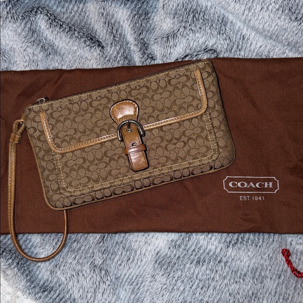 Coach Vintage Brown Signature Canvas Wristlet with Buckle Detail